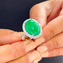 Load image into Gallery viewer, 14k solid white gold oval cut Natural Jade and round cut natural diamond deco style engagement halo ring 8.00ctw
