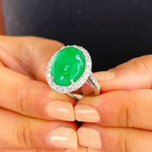 Load image into Gallery viewer, 14k solid white gold oval cut Natural Jade and round cut natural diamond deco style engagement halo ring 8.00ctw