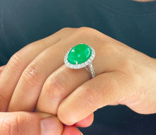 Load image into Gallery viewer, 14k solid white gold oval cut Natural Jade and round cut natural diamond deco style engagement halo ring 8.00ctw