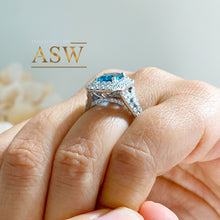 Load image into Gallery viewer, 14k Solid White Gold Cushion Cut Blue London Topaz and Round Cut Diamonds Engagement Ring Halo Natural Diamonds Split Shank 3.50ctw