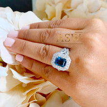 Load image into Gallery viewer, 14K Solid White Gold Emerald Cut London Blue Topaz And Round, Marquise, Princess Cut Simulated Diamonds Engagement Ring Double Halo 3.50ctw