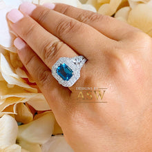 Load image into Gallery viewer, 14K Solid White Gold Emerald Cut London Blue Topaz And Round, Marquise, Princess Cut Simulated Diamonds Engagement Ring Double Halo 3.50ctw