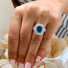 Load image into Gallery viewer, 14K Solid White Gold Emerald Cut London Blue Topaz And Round, Marquise, Princess Cut Simulated Diamonds Engagement Ring Double Halo 3.50ctw