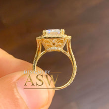 Load image into Gallery viewer, Stunning 14K Solid Yellow Gold Radiant and Round Cut Simulated Diamonds Engagement Ring Set Double Halo Split Shank Design Bridal 4.00ctw