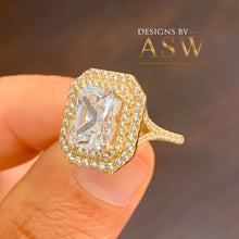 Load image into Gallery viewer, 14k Solid Yellow Gold Radiant Cut Forever One Moissanite And Natural Diamonds Engagement Ring Double Halo Split Shank Design 3.50ctw