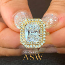 Load image into Gallery viewer, Stunning 14K Solid Yellow Gold Radiant and Round Cut Simulated Diamonds Engagement Ring Set Double Halo Split Shank Design Bridal 4.00ctw