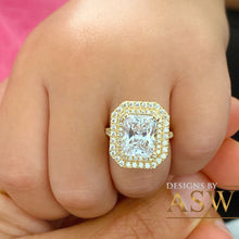 Load image into Gallery viewer, Stunning 14K Solid Yellow Gold Radiant and Round Cut Simulated Diamonds Engagement Ring Set Double Halo Split Shank Design Bridal 4.00ctw