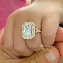 Load image into Gallery viewer, Stunning 14K Solid Yellow Gold Radiant and Round Cut Simulated Diamonds Engagement Ring Set Double Halo Split Shank Design Bridal 4.00ctw