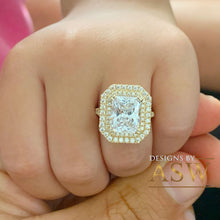 Load image into Gallery viewer, Stunning 14K Solid Yellow Gold Radiant and Round Cut Simulated Diamonds Engagement Ring Set Double Halo Split Shank Design Bridal 4.00ctw