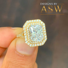 Load image into Gallery viewer, 14k Solid Yellow Gold Radiant Cut Forever One Moissanite And Natural Diamonds Engagement Ring Double Halo Split Shank Design 3.50ctw