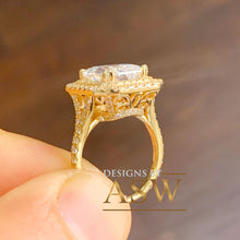 Load image into Gallery viewer, Stunning 14K Solid Yellow Gold Radiant and Round Cut Simulated Diamonds Engagement Ring Set Double Halo Split Shank Design Bridal 4.00ctw