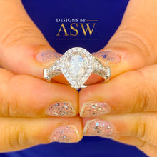 Load image into Gallery viewer, Unique 14K White Gold Pear And Round Cut Natural Diamonds Engagement ring Bezel Set Filigree Antique Style 1.85ctw