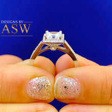 Load image into Gallery viewer, 14k Solid White Gold Natural Princess Cut and Round Diamond Engagement Ring Deco Halo, Bridal 1.50ctw