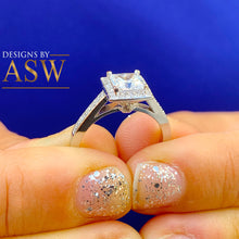 Load image into Gallery viewer, 14k Solid White Gold Natural Princess Cut and Round Diamond Engagement Ring Deco Halo, Bridal 1.50ctw