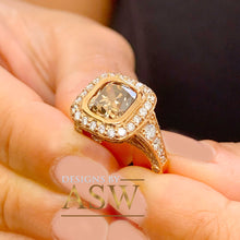 Load image into Gallery viewer, 14k Solid Rose Gold Cushion Cut Smoky Topaz And Natural Diamonds Engagement Ring Bezel Set Wedding, Anniversary, Bridal Halo Large 3.70ctw