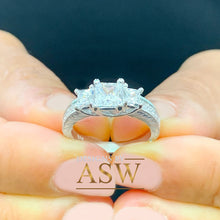 Load image into Gallery viewer, 14K Solid White Gold Princess And Round Cut Simulated Diamonds Engagement Ring Antique Style Three Stone 2.00ctw