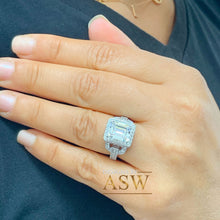 Load image into Gallery viewer, 14K Solid White Gold Emerald Cut Moissanite And Round Cut Natural Diamond Engagement Ring Halo Prong Set Bridal Wedding 3.70ctw