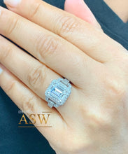 Load image into Gallery viewer, 14K Solid White Gold Emerald Cut Forever One Moissanite And Round Cut Natural Diamond Engagement Ring Halo Prong Set Bridal Wedding 3.70ctw