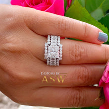 Load image into Gallery viewer, Heavy Huge 14k solid white gold princess, emerald baguettes and round cut forever one moissanite engagement ring and two bands halo 4.80ctw