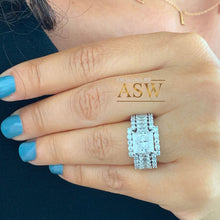 Load image into Gallery viewer, Heavy Huge 14k solid white gold princess, emerald baguettes and round cut forever one moissanite engagement ring and two bands halo 4.80ctw