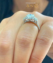 Load image into Gallery viewer, 14K Solid White Gold Round Cut Simulated Diamonds Engagement Ring Three Stone Style Halo Prong Set Wedding Bridal Anniversary 2.15ctw