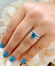 Load image into Gallery viewer, 14K Solid White Gold Cushion Cut Blue Sapphire And Round Cut Simulated Diamonds Engagement Ring And Band Three Sided Set 5.50ctw