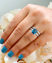 Load image into Gallery viewer, 14K Solid White Gold Cushion Cut Blue Sapphire And Round Cut Simulated Diamonds Engagement Ring And Band Three Sided Set 5.50ctw