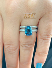 Load image into Gallery viewer, 14K Solid White Gold Cushion Cut Blue Sapphire And Round Cut Simulated Diamonds Engagement Ring And Band Three Sided Set 5.50ctw