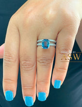 Load image into Gallery viewer, 14K Solid White Gold Cushion Cut Blue Sapphire And Round Cut Simulated Diamonds Engagement Ring And Band Three Sided Set 5.50ctw