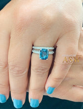 Load image into Gallery viewer, 14K Solid White Gold Cushion Cut Blue Sapphire And Round Cut Simulated Diamonds Engagement Ring And Band Three Sided Set 5.50ctw