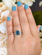 Load image into Gallery viewer, 14K Solid White Gold Cushion Cut Blue Sapphire And Round Cut Simulated Diamonds Engagement Ring And Band Three Sided Set 5.50ctw