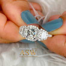 Load image into Gallery viewer, 14K Solid White Gold Asscher, Trapezoids and Round Cut Simulated Diamonds Engagement Ring Set Halo Bezel Filigree Wedding Bridal 2.50ctw