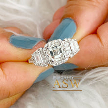 Load image into Gallery viewer, 14K Solid White Gold Asscher, Trapezoids and Round Cut Simulated Diamonds Engagement Ring Set Halo Bezel Filigree Wedding Bridal 2.50ctw