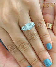 Load image into Gallery viewer, 14K Solid White Gold Asscher, Trapezoids and Round Cut Simulated Diamonds Engagement Ring Set Halo Bezel Filigree Wedding Bridal 2.50ctw