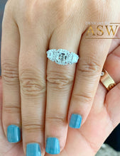 Load image into Gallery viewer, 14K Solid White Gold Asscher, Trapezoids and Round Cut Simulated Diamonds Engagement Ring Set Halo Bezel Filigree Wedding Bridal 2.50ctw