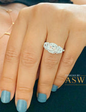Load image into Gallery viewer, 14K Solid White Gold Asscher, Trapezoids and Round Cut Simulated Diamonds Engagement Ring Set Halo Bezel Filigree Wedding Bridal 2.50ctw