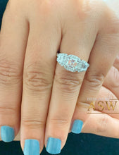 Load image into Gallery viewer, 14K Solid White Gold Asscher, Trapezoids and Round Cut Simulated Diamonds Engagement Ring Set Halo Bezel Filigree Wedding Bridal 2.50ctw