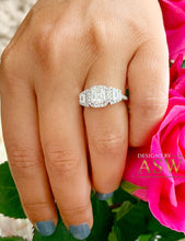 Load image into Gallery viewer, 14K Solid White Gold Asscher, Trapezoids and Round Cut Simulated Diamonds Engagement Ring Set Halo Bezel Filigree Wedding Bridal 2.50ctw