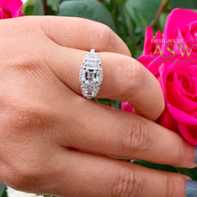 Load image into Gallery viewer, 14K Solid White Gold Asscher, Trapezoids and Round Cut Simulated Diamonds Engagement Ring Set Halo Bezel Filigree Wedding Bridal 2.50ctw