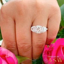 Load image into Gallery viewer, 14K Solid White Gold Asscher, Trapezoids and Round Cut Simulated Diamonds Engagement Ring Set Halo Bezel Filigree Wedding Bridal 2.50ctw