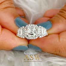 Load image into Gallery viewer, 14K Solid White Gold Asscher, Trapezoids and Round Cut Simulated Diamonds Engagement Ring Set Halo Bezel Filigree Wedding Bridal 2.50ctw