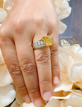 Load image into Gallery viewer, 14K White and Yellow Gold Cushion Cut Natural Yellow Citrine and Round cut Natural Diamonds Engagement Ring Bridal Wedding 4.80ctw