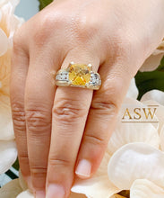 Load image into Gallery viewer, 14K White and Yellow Gold Cushion Cut Natural Yellow Citrine and Round cut Natural Diamonds Engagement Ring Bridal Wedding 4.80ctw