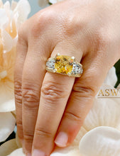 Load image into Gallery viewer, 14K White and Yellow Gold Cushion Cut Natural Yellow Citrine and Round cut Natural Diamonds Engagement Ring Bridal Wedding 4.80ctw