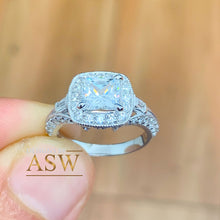 Load image into Gallery viewer, 14K Solid White Gold Princess Cut Moissanite and Natural Diamond Engagement Ring Deco Halo, bridal, wedding, prong set 1.95ctw