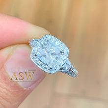 Load image into Gallery viewer, 14K Solid White Gold Princess Cut Forever One Moissanite and Natural Diamond Engagement Ring Deco Halo, bridal, wedding, prong set 1.70ctw
