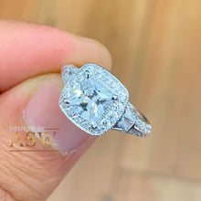 Load image into Gallery viewer, 14K Solid White Gold Princess Cut Forever One Moissanite and Natural Diamond Engagement Ring Deco Halo, bridal, wedding, prong set 1.70ctw
