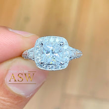 Load image into Gallery viewer, 14K Solid White Gold Princess Cut Moissanite and Natural Diamond Engagement Ring Deco Halo, bridal, wedding, prong set 1.95ctw