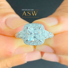 Load image into Gallery viewer, 14K Solid White Gold Princess Cut Moissanite and Natural Diamond Engagement Ring Deco Halo, bridal, wedding, prong set 1.95ctw