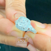 Load image into Gallery viewer, 14K Solid White Gold Princess Cut Forever One Moissanite and Natural Diamond Engagement Ring Deco Halo, bridal, wedding, prong set 1.70ctw